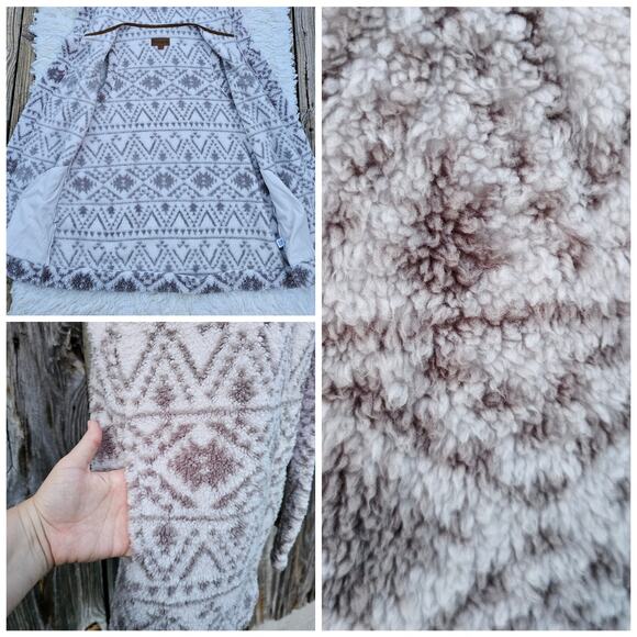 Plush Hooded Vest UGG Koolaburra Size M White Gray Geo Print Fleece Fuzzy Sherpa - Picture 5 of 8